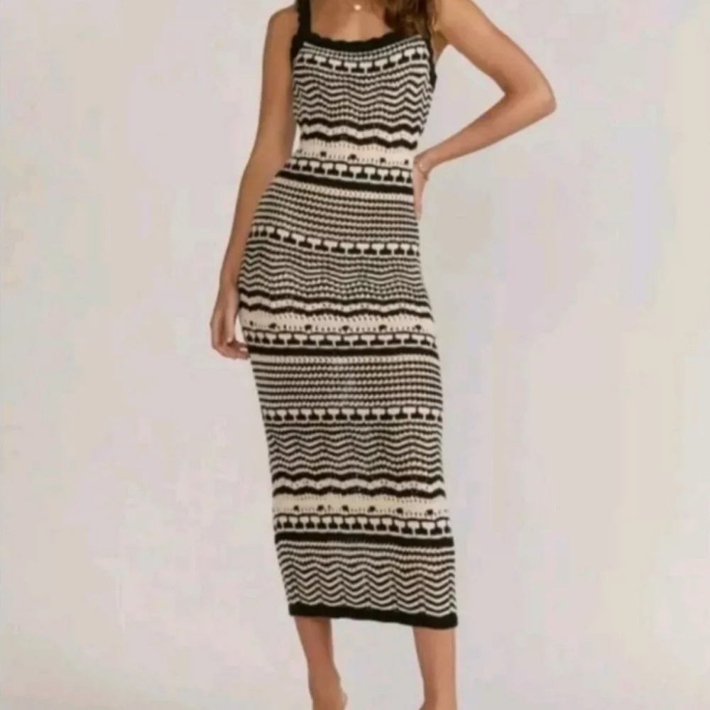 Joie Crochet Midi Dress sleeveless open knit black and white size: XL